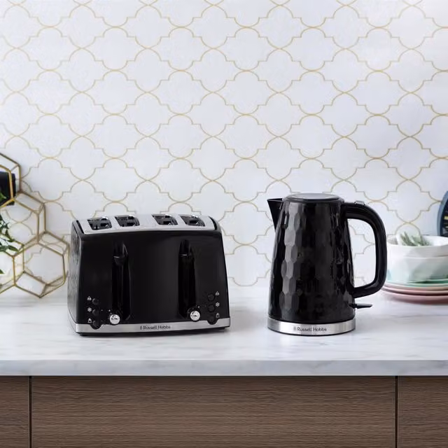Russell Hobbs Honeycomb Black Kettle 1.7L and 4 Slice Toaster Set
