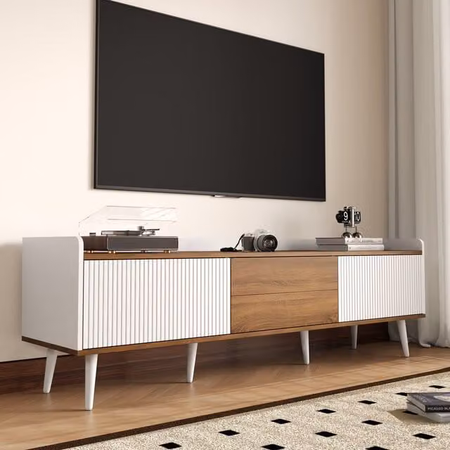 Matteo Modern White and Natural Wood TV Cabinet with Three Storage Doors