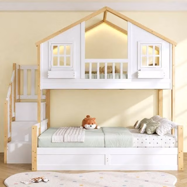 Merax White House Bunk Bed with Hydraulic Storage and Stairs, 3ft Single over 4ft6 Double, H 230 x W 140 x D 201.25 cm