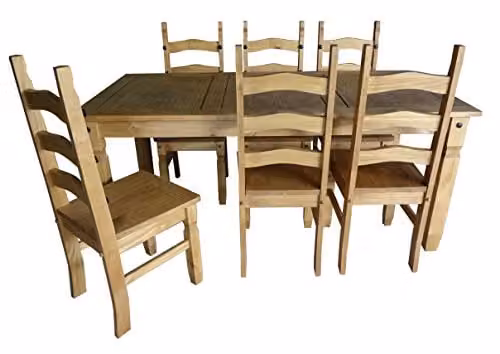 Mercers Furniture Corona 6 ft Rectangular Pine Dining Table and 6 Chairs Set in Brown and White Antique Waxed Finish