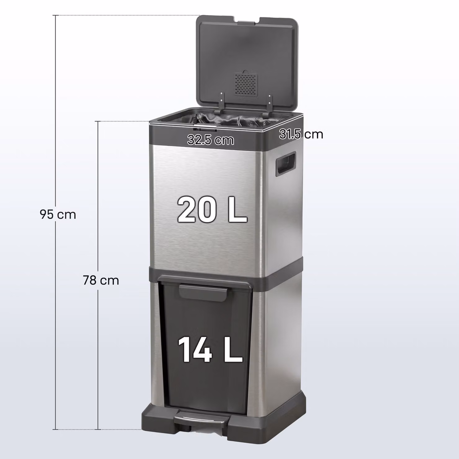 HOMCOM Dual Kitchen Bin in Silver, 34L Stainless Steel Vertical Pedal Bin with Tilt Out Compartment, Soft-Close Lid and Fingerprint-Proof Finish – 3