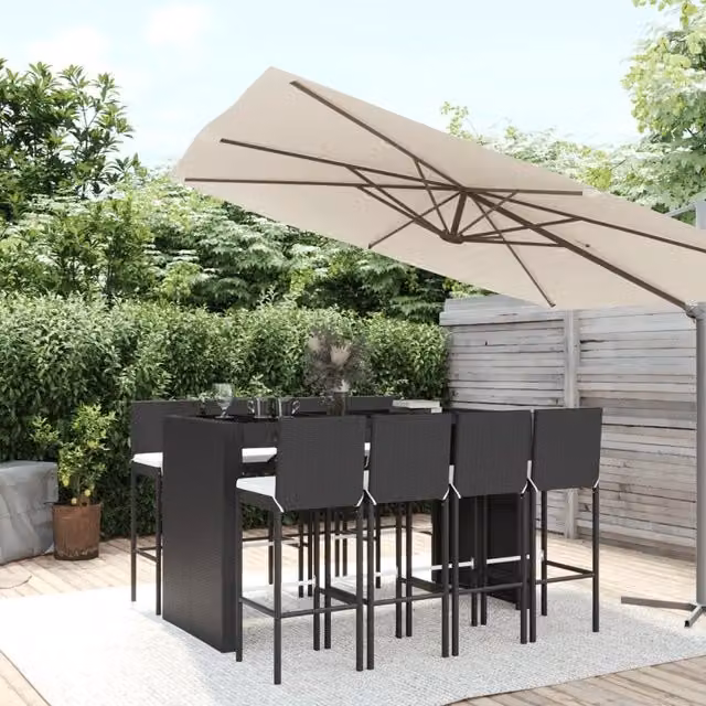 Berkfield Home 9 Piece Black Poly Rattan Garden Bar Set with Cushions – 1