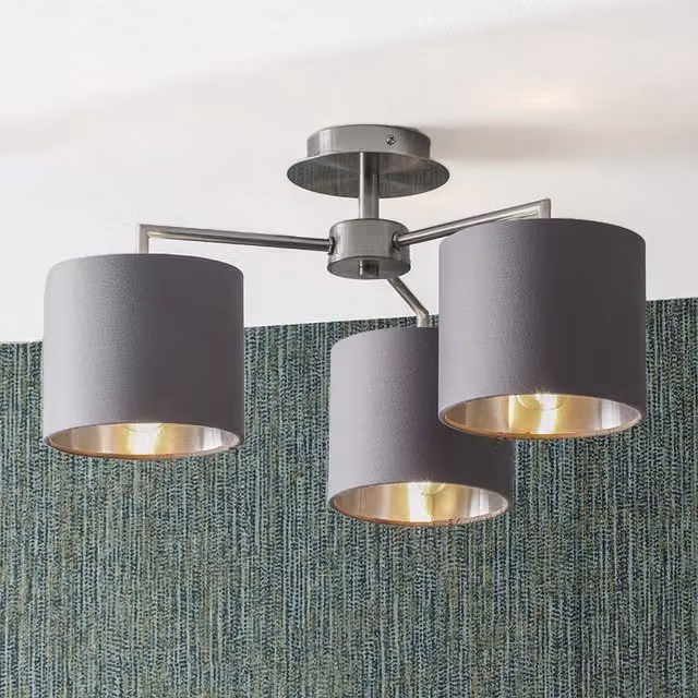 Pacific Lifestyle Modern 3 Arm Suspended Ceiling Light with Grey and Silver Drum Lampshades – 1