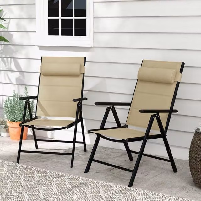 Outsunny Set of 2 Modern Padded Folding Patio Chairs in Khaki and Beige