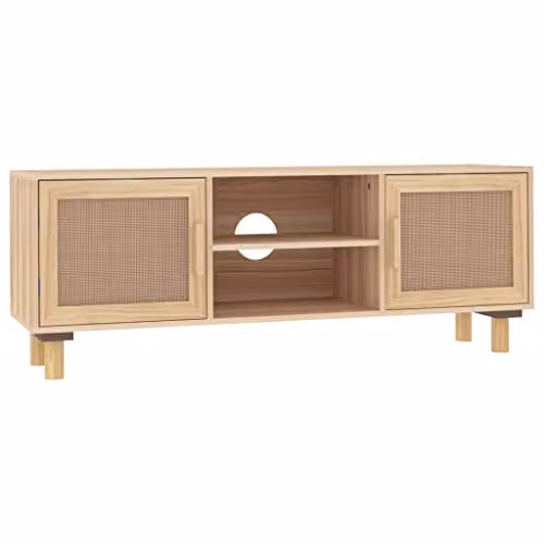 vidaXL Scandinavian TV Cabinet in Brown with Solid Pine Wood and Natural Rattan, W: 105 cm, D: 30 cm, H: 40 cm