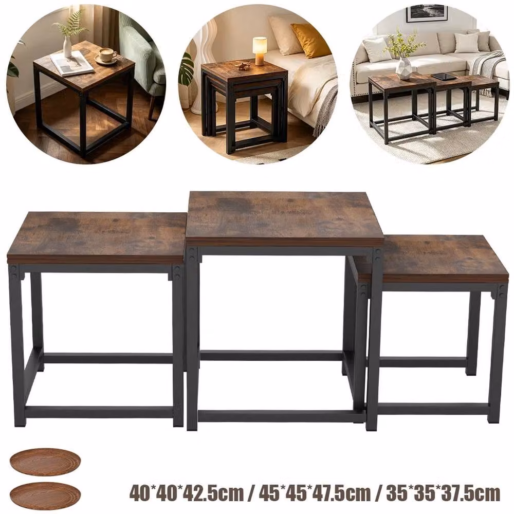 EONLION Set of 3 Rustic Nesting Coffee and End Tables in Brown and Black – 5