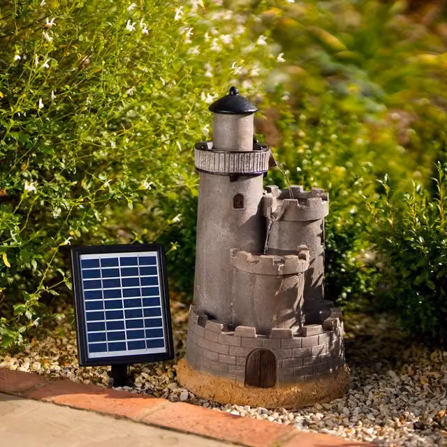 Primrose Castle Cascade Solar Water Feature with Lights in Brown