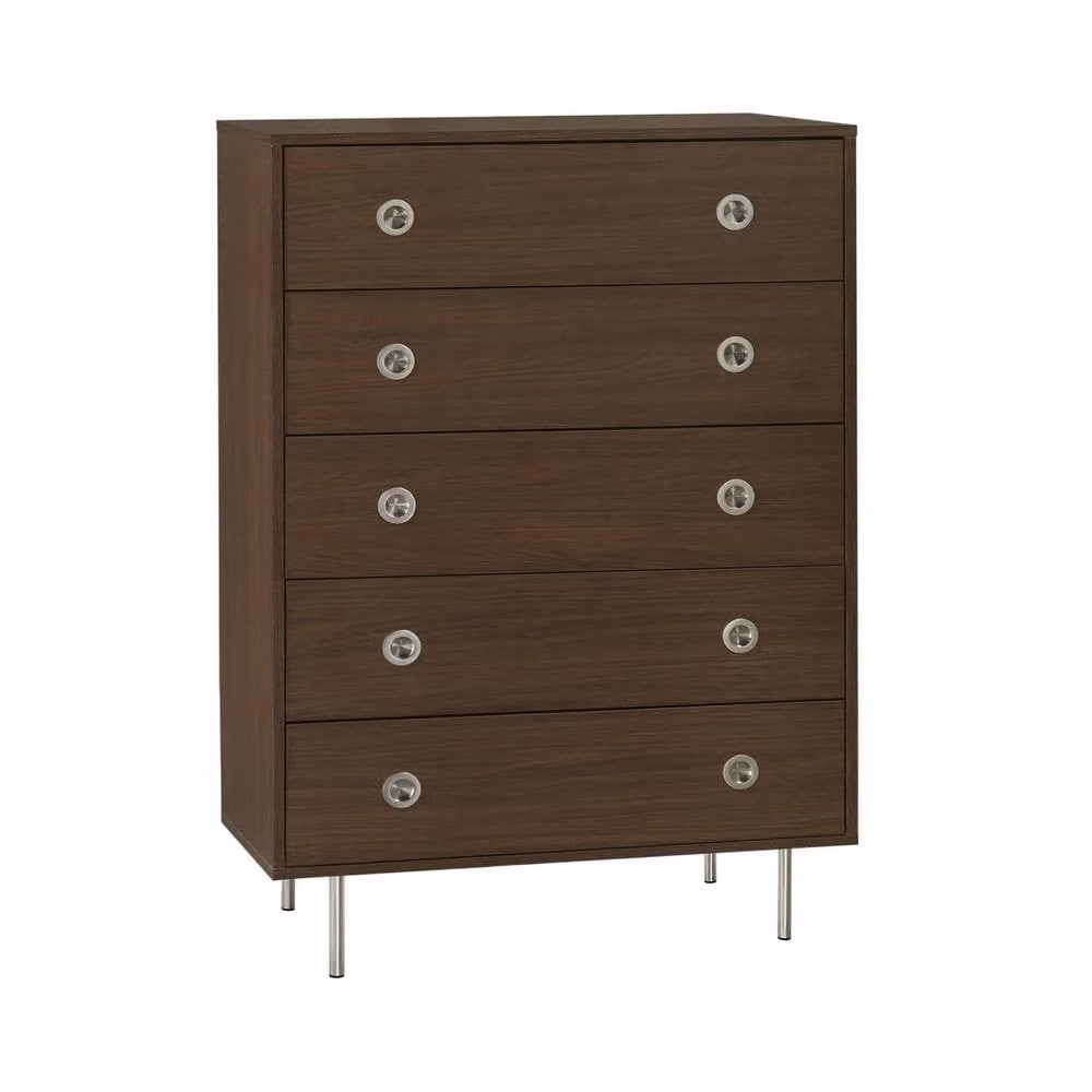 sweeek Vintage 5-Drawer Chest of Drawers with Wood Decor and Stainless Steel in Dark Brown, W: 80.0 cm, D: 39.5 cm, H: 118.0 cm – 2