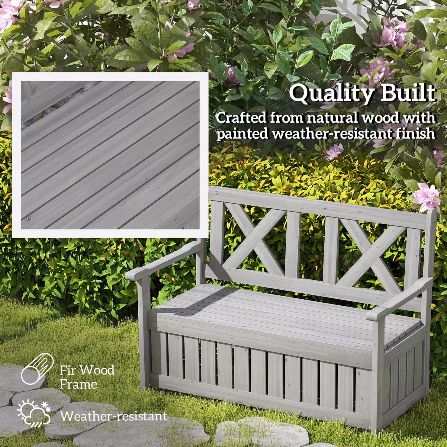 Outsunny 2-Seater Garden Storage Bench in Grey Treated Hardwood with Armrests, W/D/H: 115 x 85 x 220 cm – 6