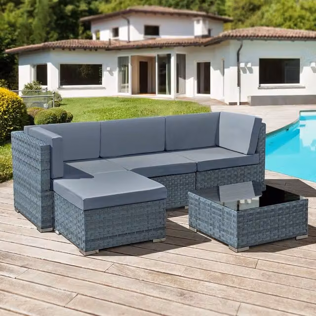 Oseasons Trinidad 4 Seat Modular Rattan Chaise Lounge Set in Ocean Grey with Upholstered Cushions