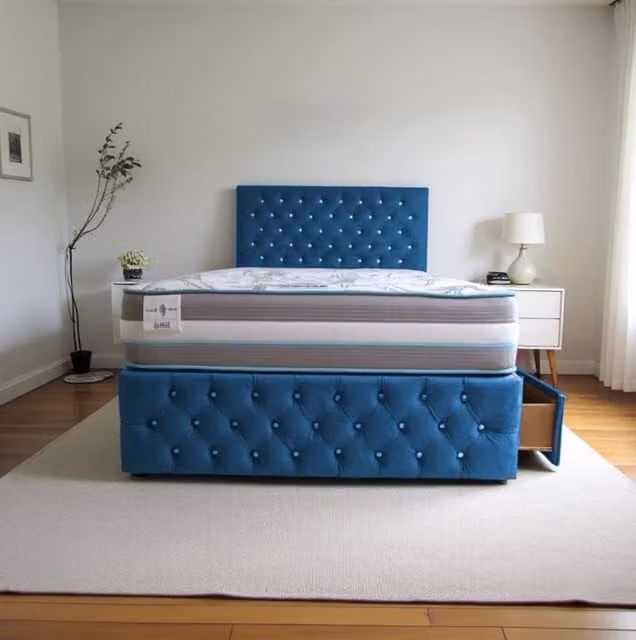 Knight Sleep Delaware Plush Double Bed with Hybrid Mattress, Headboard and 2 Drawers in Navy Blue