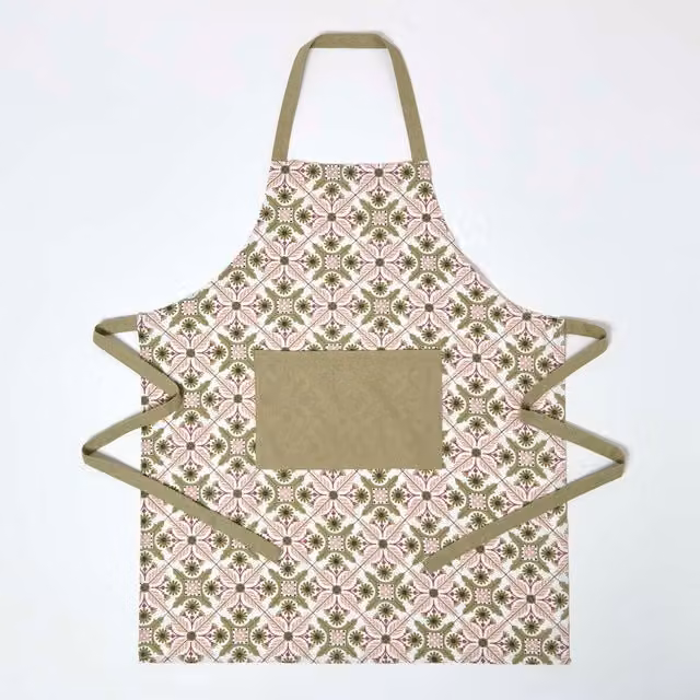 Homescapes Retro 100 Cotton Apron in Green, Pink and Multicolour