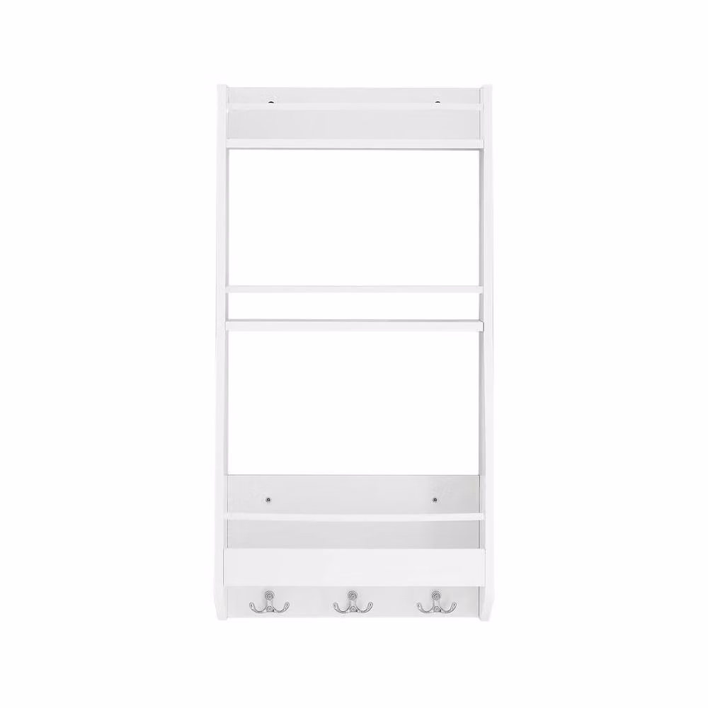 SoBuy Wall-Mounted 3-Tier Storage Rack with Hooks in White – 2