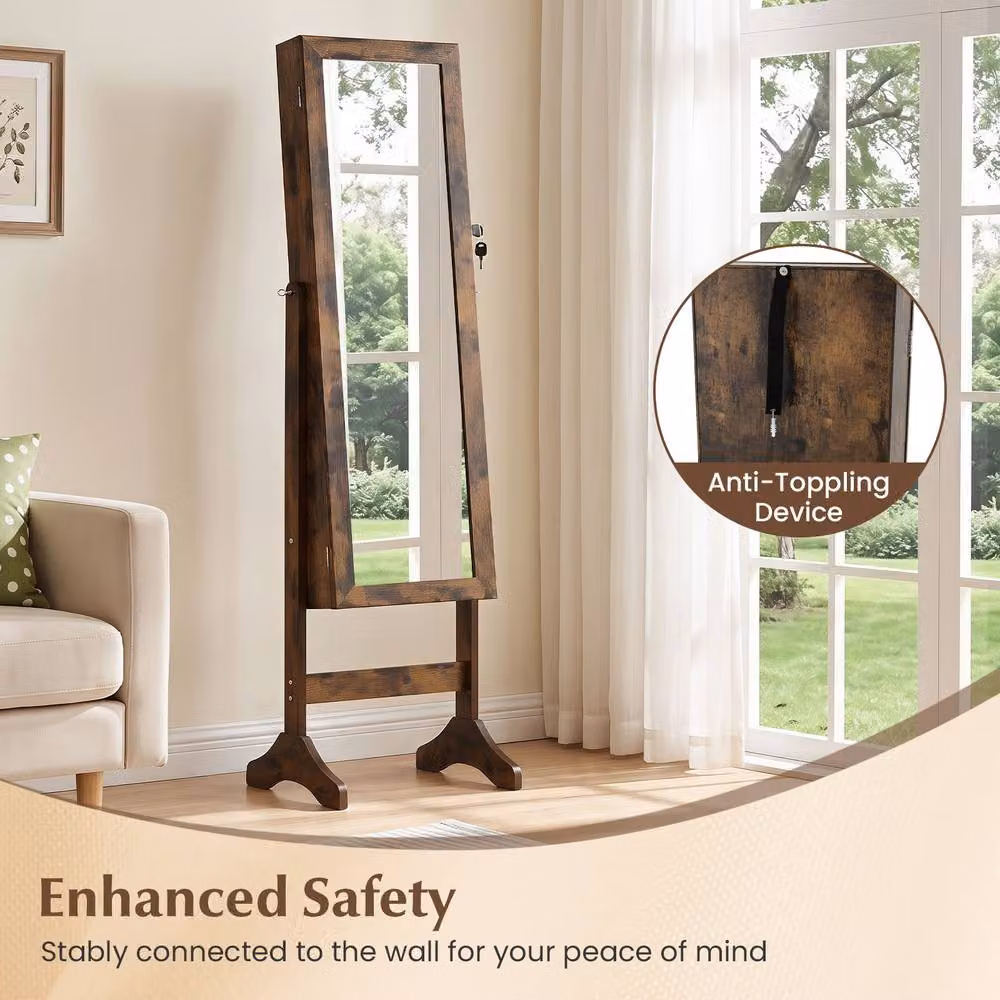 Costway Freestanding Jewelry Armoire Cabinet with Full Length Mirror in Brown – 7