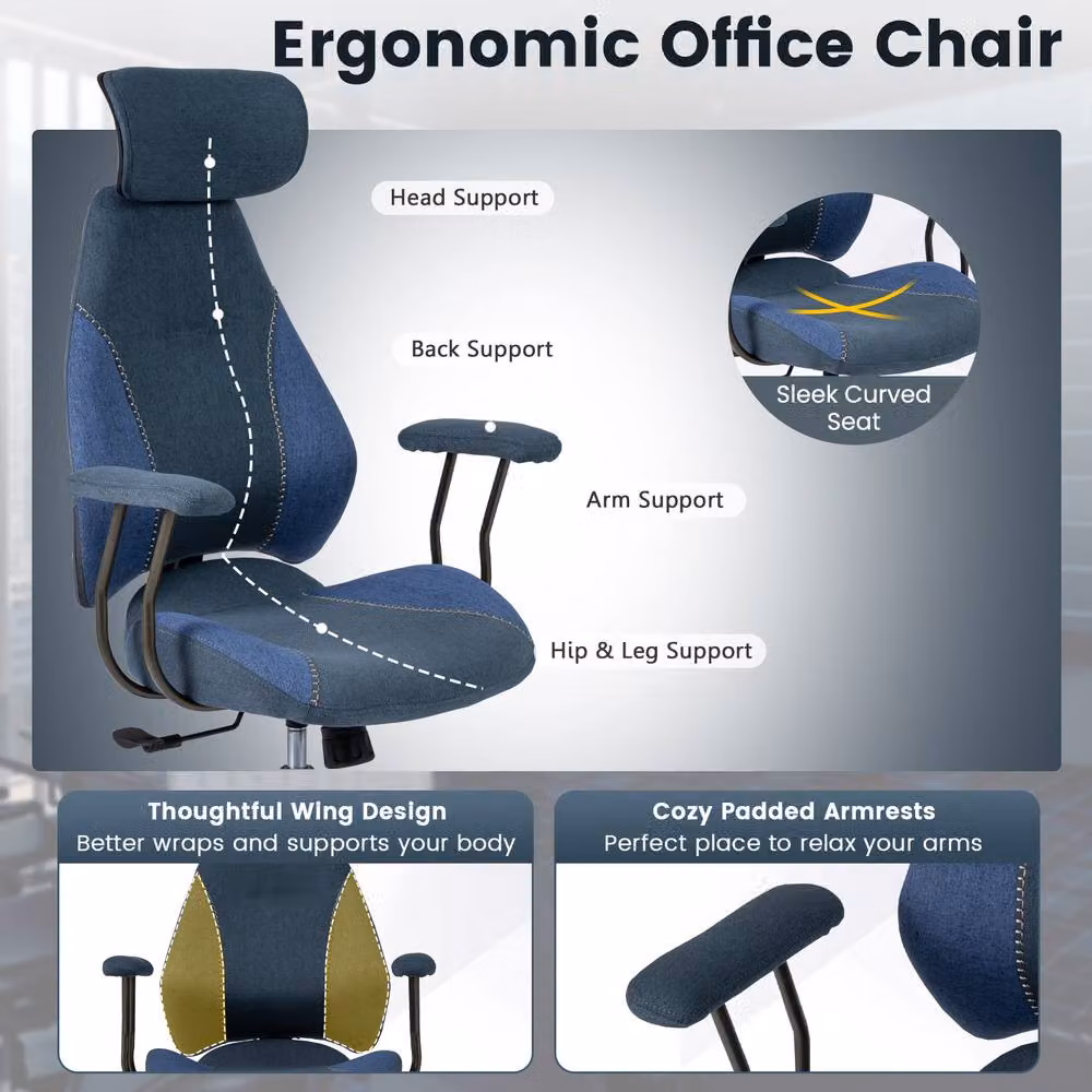 Gymax Ergonomic Office Chair with Headrest and Rocking Backrest in Navy Blue Microfibre Fabric – 6