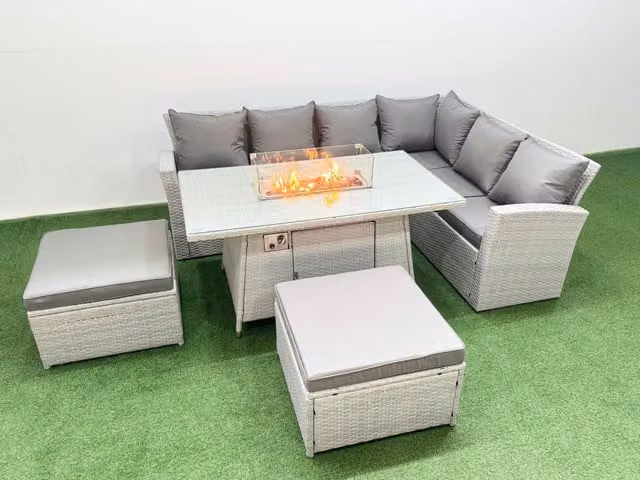 Fimous 8 Seat Rattan Garden Furniture Corner Sofa Set with Gas Firepit Table in Light Grey