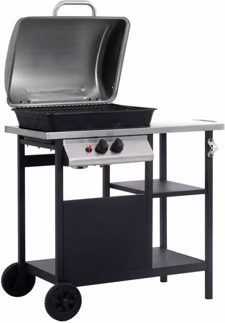 Berkfield Home Gas BBQ Grill with 3-Layer Side Table in Black and Silver