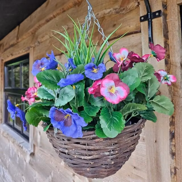 Best Artificial Ltd Multicolour Artificial Pansy Hanging Basket with Rattan and Metal Details