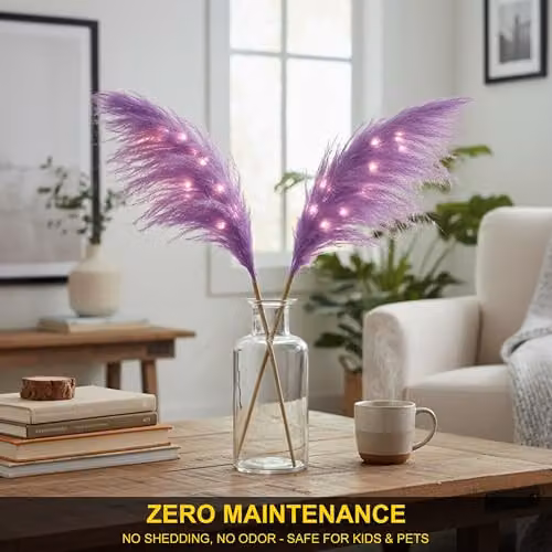 SHATCHI Pink Prelit Pampas Grass Stem with Warm White LEDs, 100 cm Height – 2