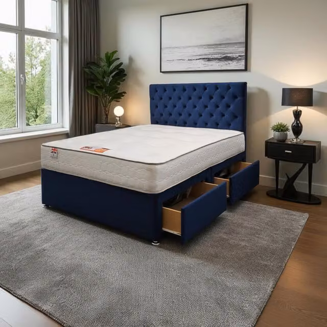 Knight Sleep Athens Plush Bed Set with Mattress and Headboard in Blue, W/D/H: 120 x 200 cm