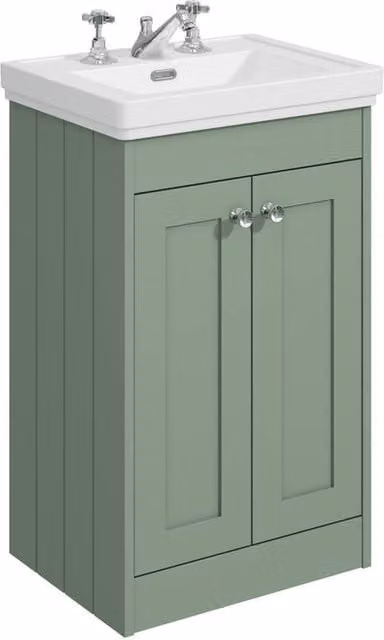 Balterley 500mm Floor Standing 2 Door Bathroom Unit with 3 Tap Hole Basin in Satin Green
