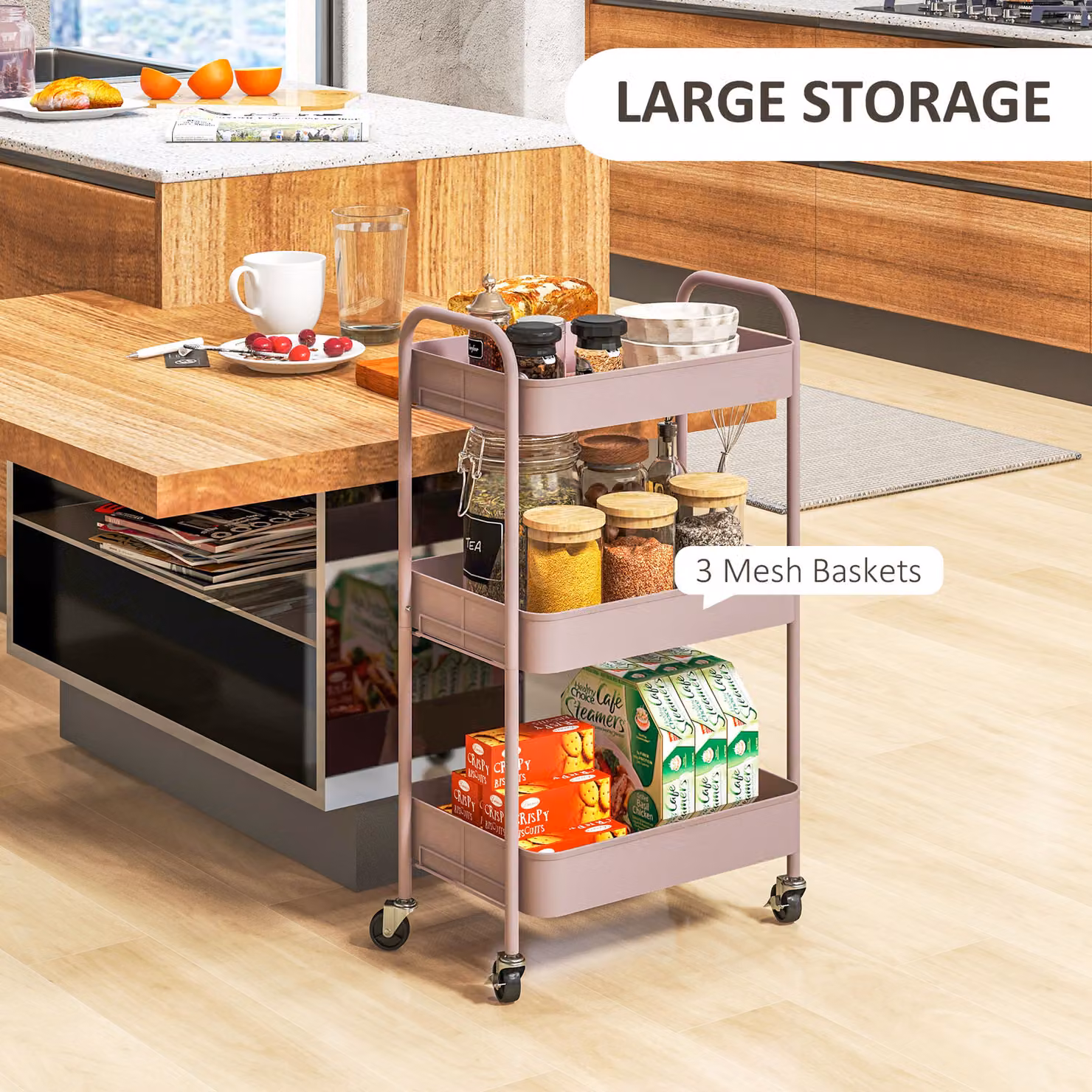 HOMCOM Three-Tier Metal Storage Trolley in Pink – 3