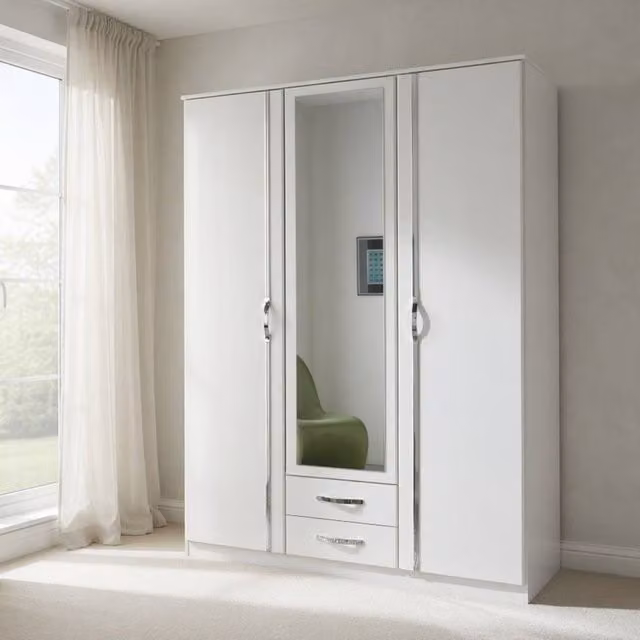 KDMD Hampton White 3 Door Mirrored Wardrobe with 2 Integrated Drawers, H: 199 cm, W: 135 cm, D: 58 cm – 1
