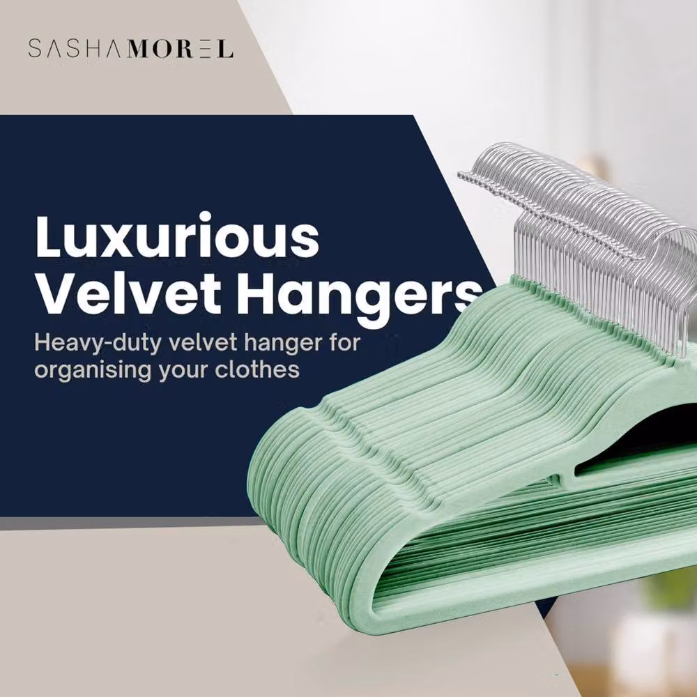 Sasha Morel Non-Slip Velvet Coat Hangers with Tie Organiser and Swivel Hooks, 50 Pack, Pink and Green – 2
