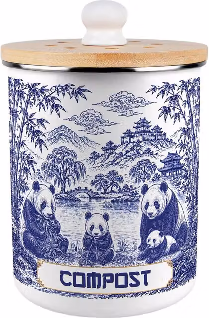 Purely Home Forest Pandas Metal Compost Caddy with Flip Lid, 2L, Blue and White