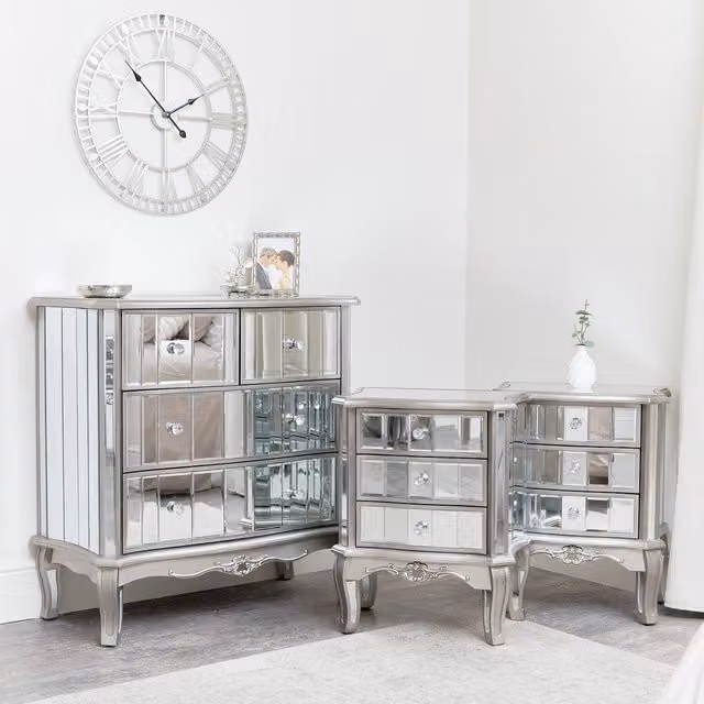 Melody Maison Tiffany Range Silver Mirrored Chest of Drawers and Pair of 3 Drawer Bedside Tables