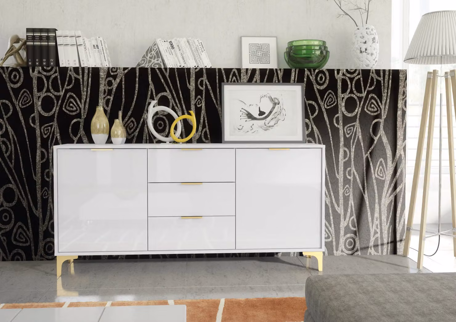 Creative Furniture Goldline Gloss Sideboard in White and Gold, W: 140 cm, H: 80 cm, D: 35 cm – 3