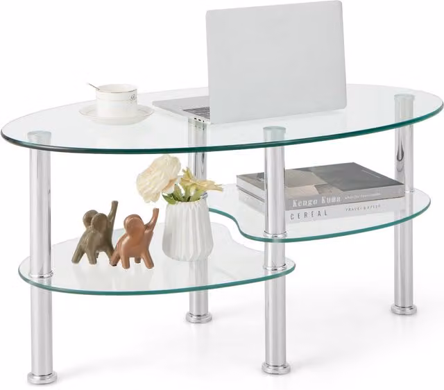 Costway Modern 3-Tier Oval Tempered Glass Coffee Table in Silver