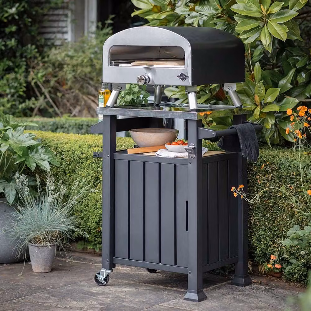 Casa Mia 16 inch Gas Pizza Oven and Portable Stainless Steel Prep Table with Wheels in Grey and Black