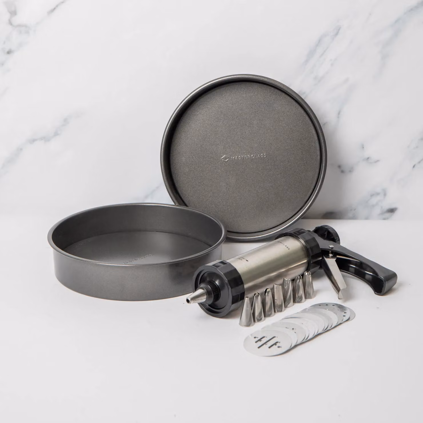 MasterClass 24pc Grey Non-Stick Baking Set with 2x 20cm Round Sandwich Pans, Icing Gun, 8x Stainless Steel Nozzles and 13x Cutters – 2