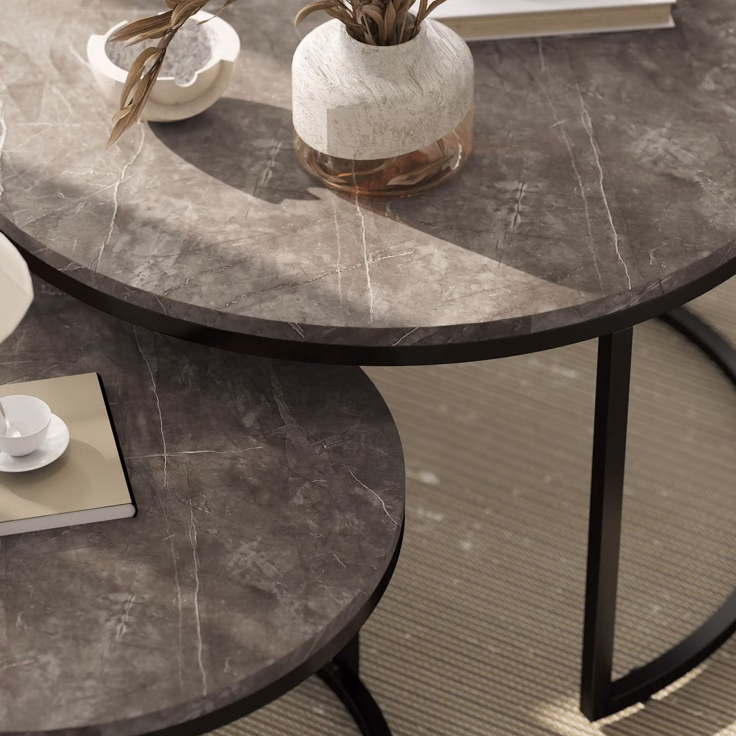 HOMCOM Industrial Nesting Coffee Table Set of 2 with Grey Abstract Faux Marbled MDF Tops and Metal Frame – 8
