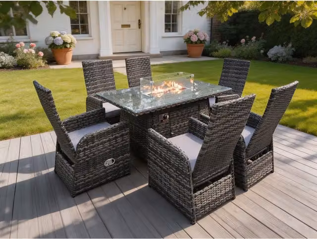 Fimous 6 Seater Rectangular Rattan Gas Fire Pit Dining Set in Grey