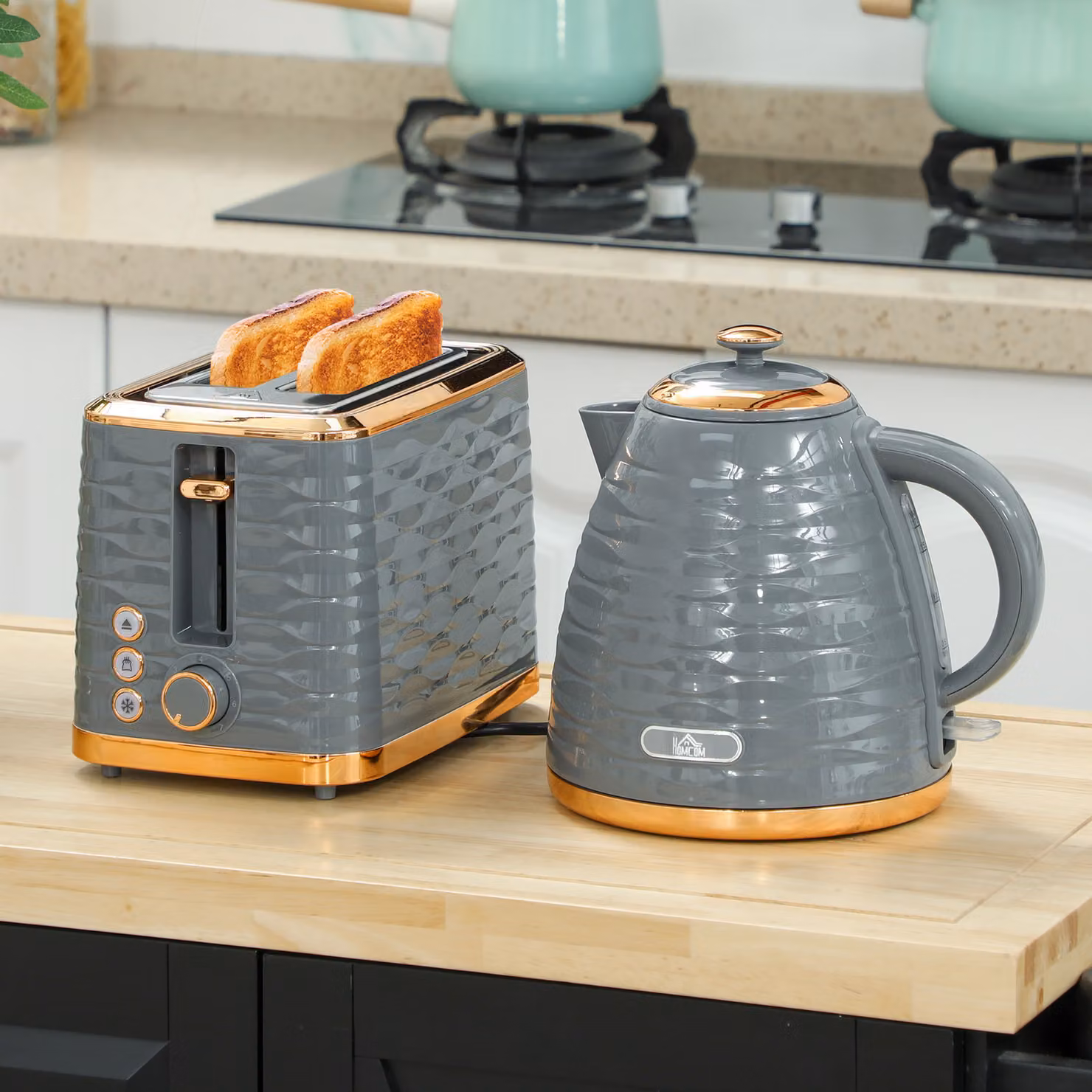 HOMCOM Grey Kettle and 2 Slice Toaster Set with 1.7 l Rapid Boil Kettle and 7 Browning Controls – 2