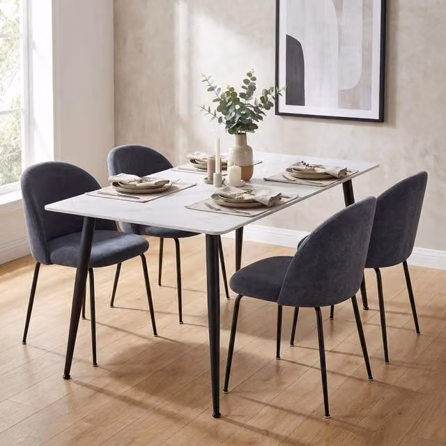 FWStyle 5 Piece Modern Dining Set with White Sintered Stone Rectangular Table and Blue Upholstered Chairs
