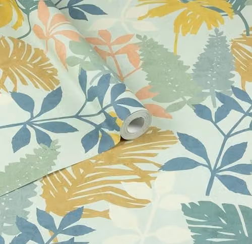 Arthouse Fun Leaf Washable Wallpaper in Blue, Green and Multicolour with a Modern Botanical Floral Pattern