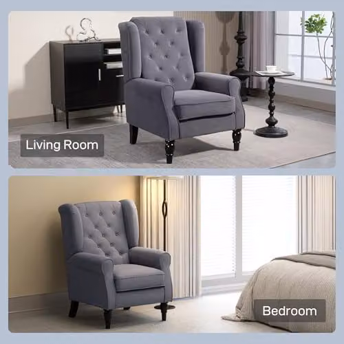 HOMCOM Retro Wingback Accent Armchair in Grey Velvet with Solid Wood Frame – 9
