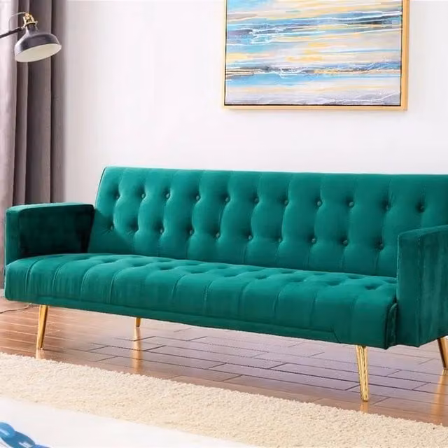 Comfy Living Modern Plush Velvet Sofa Bed in Green with Gold Metal Legs