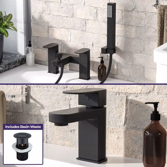 Nes Home Matt Black Basin Mixer, Bath Shower Mixer with Handset and Pop-up Waste Set – 1