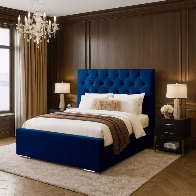 Desire Deco Lea Upholstered Velvet Bed Frame in Blue, Superking (200 x 200 cm)