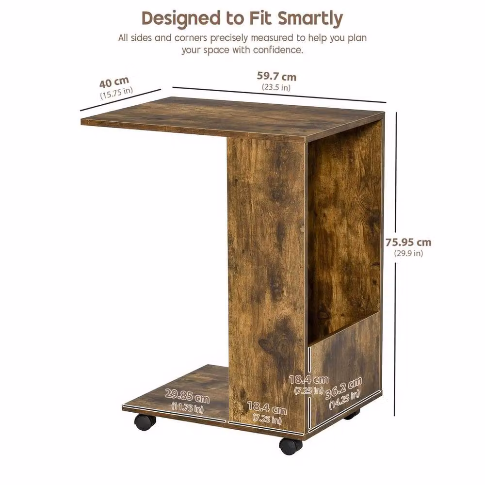 FORGEVIO C Shaped Side Table with Castors, Brown Industrial Metal Bedside and Coffee Table – 2