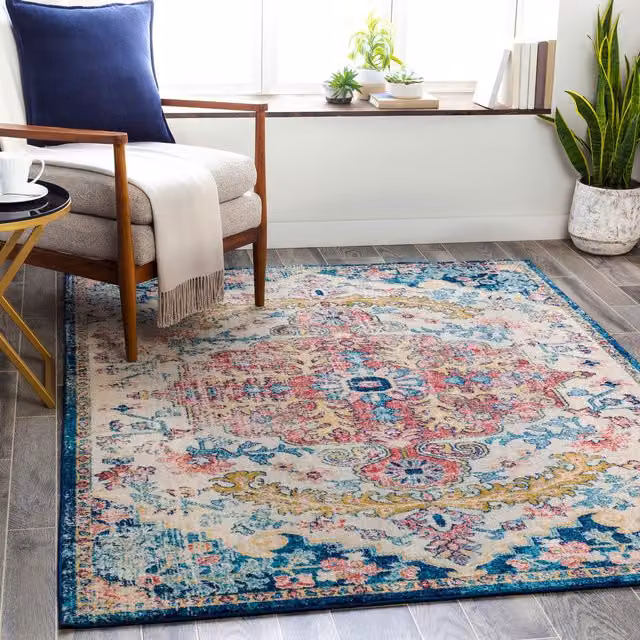 Livabliss Murat Vintage Boho Rectangular Rug in Blue, Yellow and Grey, W: 160 cm, L: 220 cm