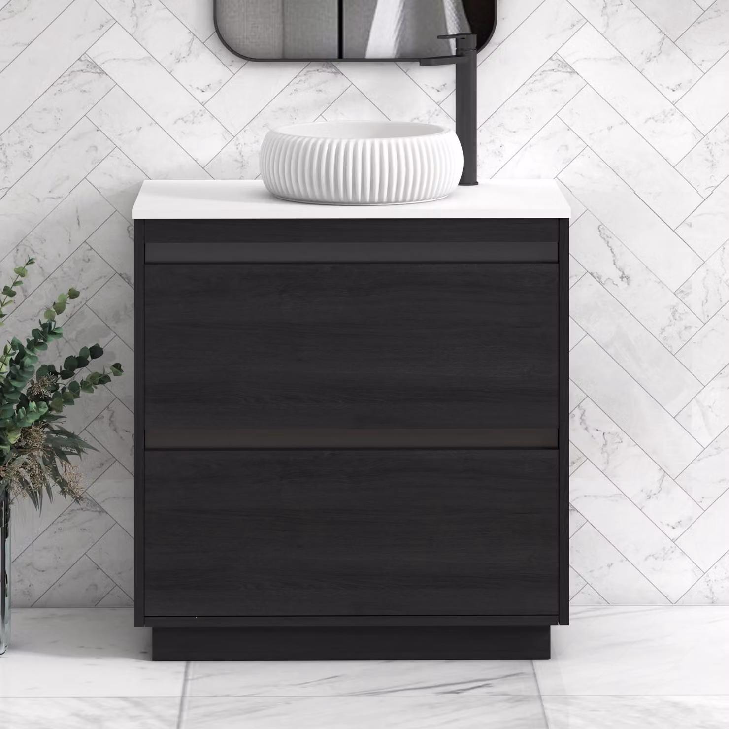 Royal Bathrooms Orion 800mm Hale Floor Standing Vanity Unit with Milan Basin and 2 Drawers in Plain White and Black Accent Trim
