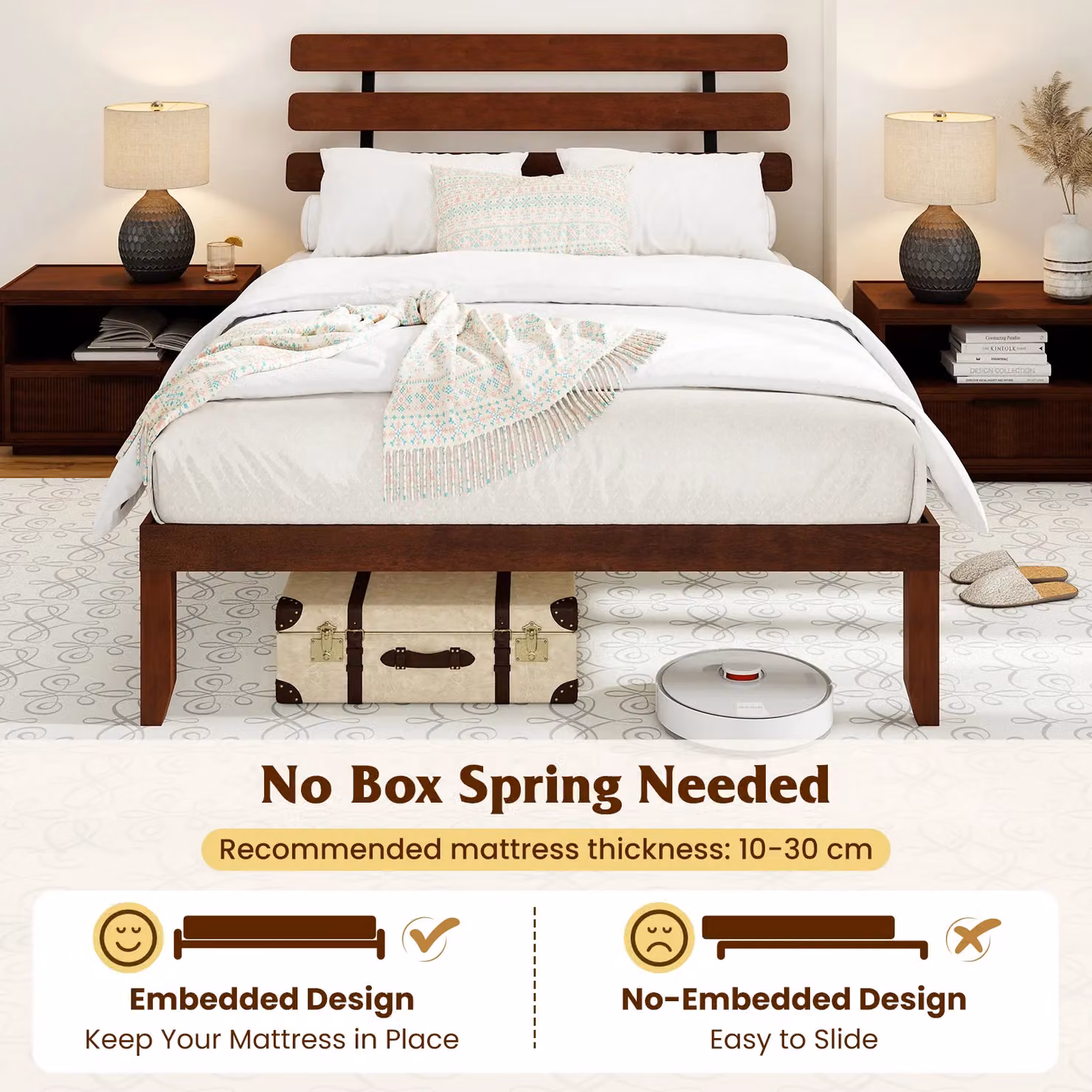 Costway King Size Solid Wood Platform Bed Frame with Retro Headboard in Brown, 180 x 200 cm – 7