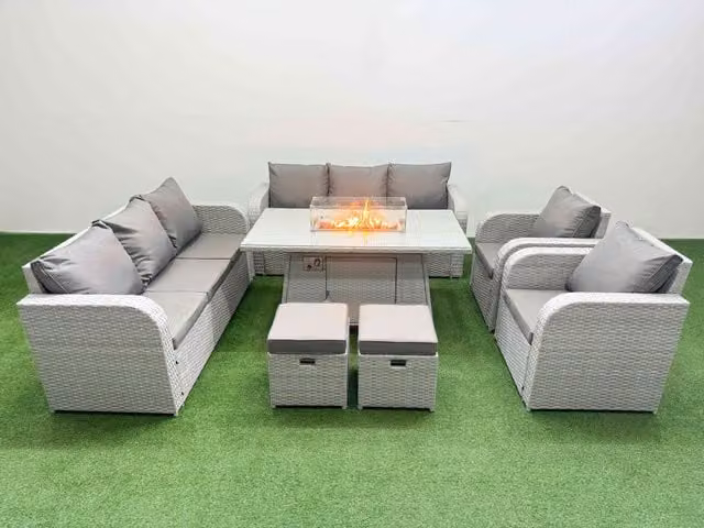Fimous PE Rattan High Back Lounge Sofa Set with 3 Seater Sofa, Reclining Chair, Stools, Firepit and Dining Table in Light Grey