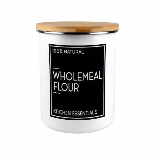 Purely Home Inverted Minimalist Wholemeal Flour Storage Canister in Black and White Enamel with Bamboo Lid