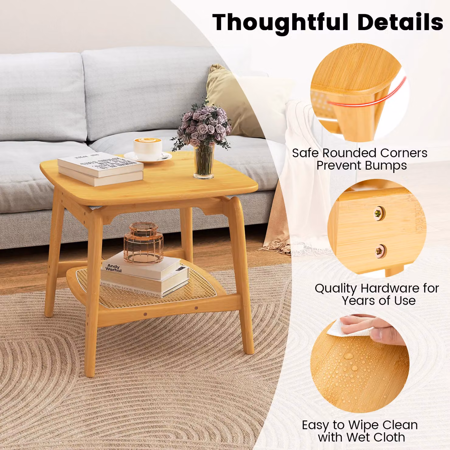Gymax Boho Bamboo Coffee Table with Faux Rattan Shelf in Natural Brown – 3